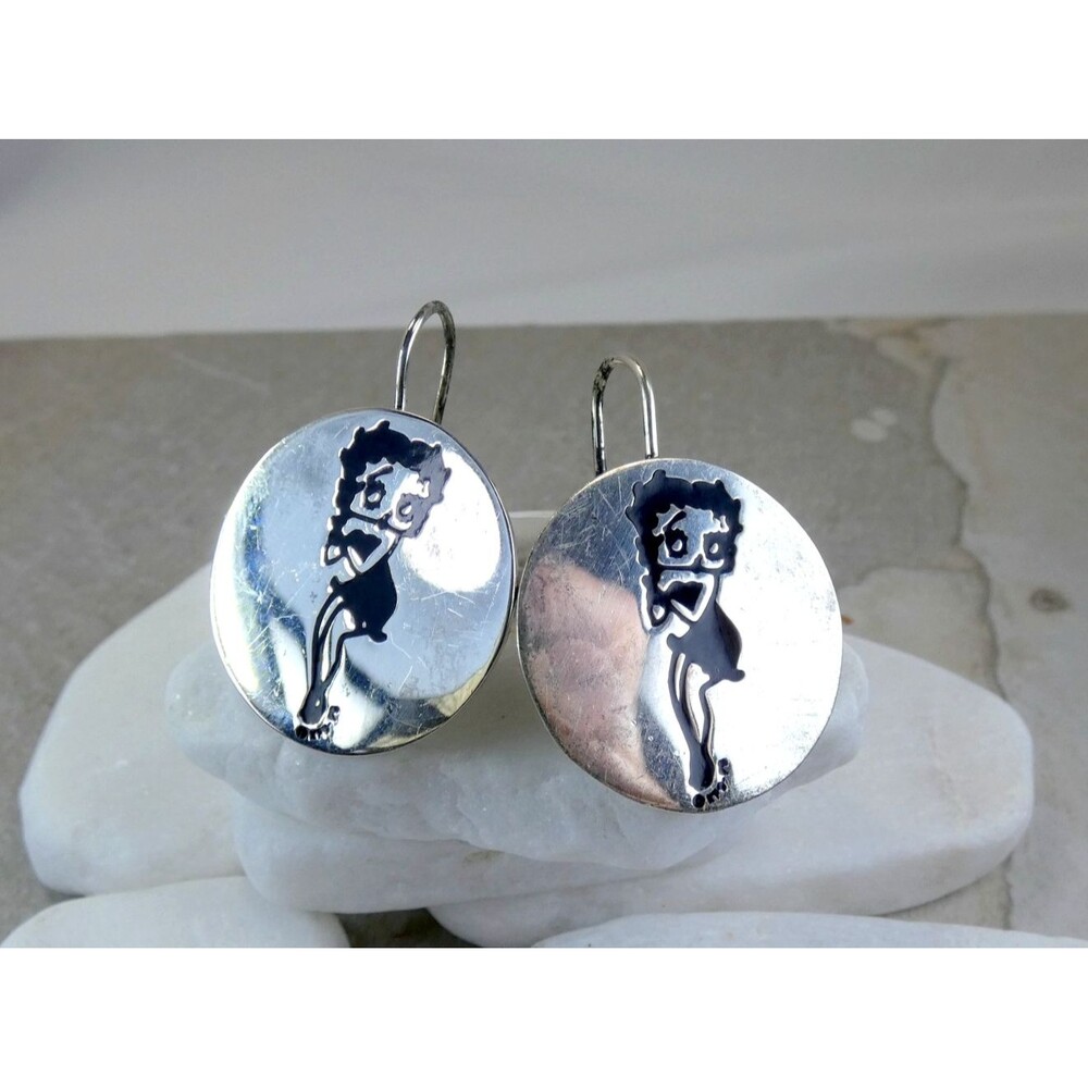 VTG Sterling Silver Enamel Betty Boop Earrings 925 Mexico Bonus Pin